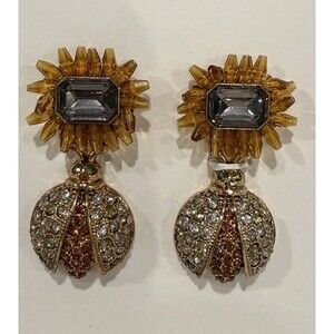 Zara Sunflower Bee Jewel Earrings Gold Crystal Beetle Insect Dangle NWOT